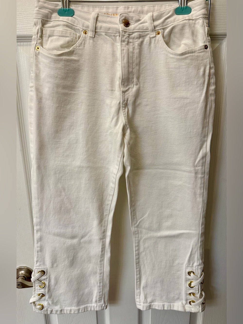 KORS Michael Kors White Cropped Ankle Pants with Lace-Up Hem